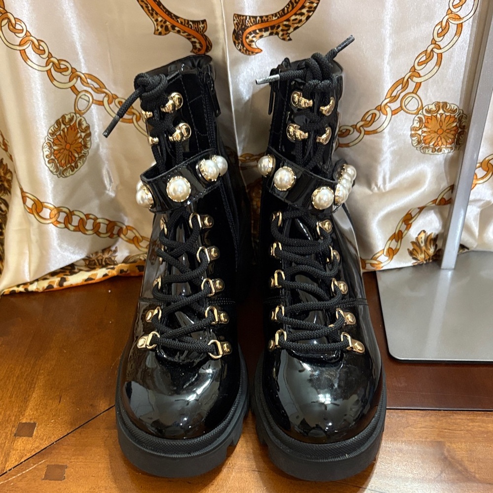 Aldo Black Pearl-Studded Combat Boots